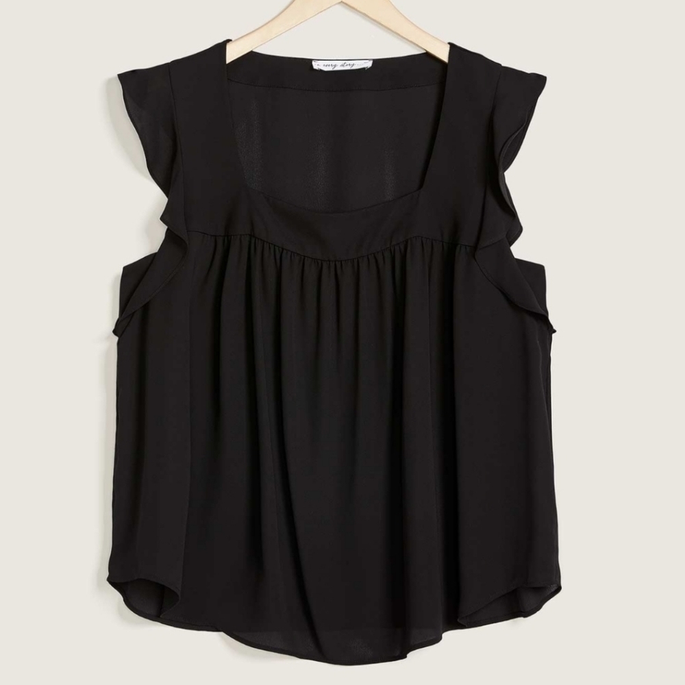 Penningtons Women's Solid Black Tank Top With Ruffles - Size 2X